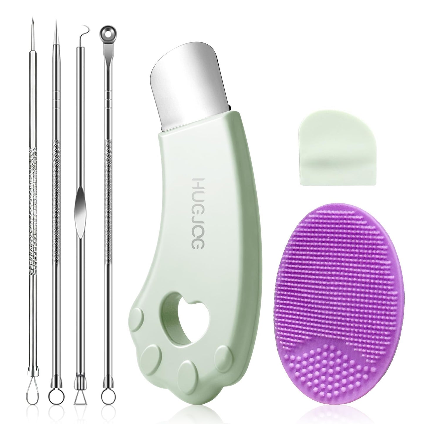 HUGJOG Blackhead Remover Tools for Face, Black Head Remover for Nose, 304 Stainless Steel Pore Extractor Spatula for Deep Pore Cleaning with Soft Silicone Cleansing Brush & 4 Blackhead Needles