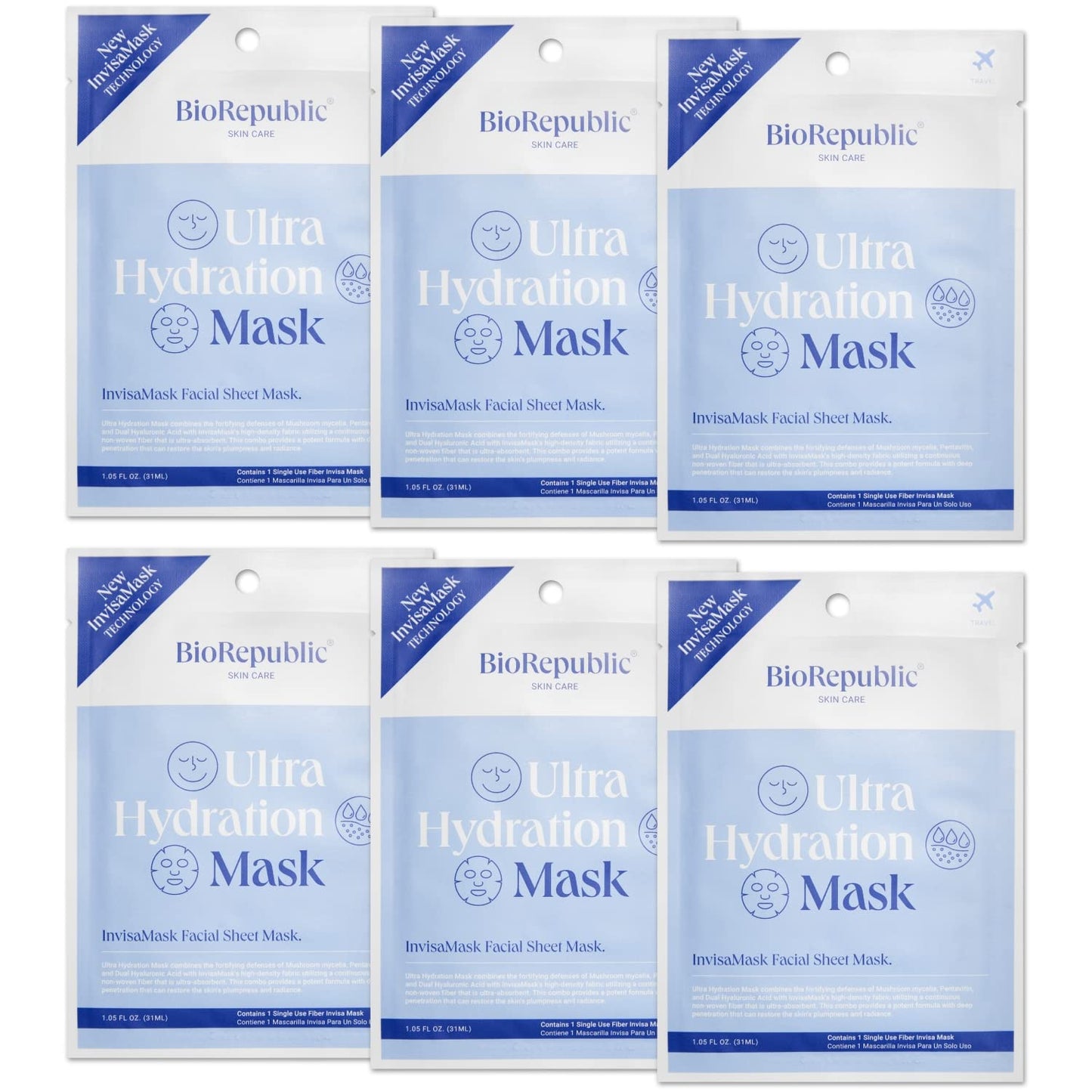 BioRepublic Ultra Hydration InvisaMask Sheet Masks – Plumping Face Mask with B5, Pentavitin & Dual Hyaluronic Acid for Dehydrated, Dull Skin (Pack of 6)