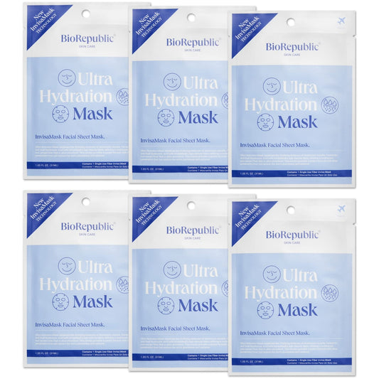 BioRepublic Ultra Hydration InvisaMask Sheet Masks – Plumping Face Mask with B5, Pentavitin & Dual Hyaluronic Acid for Dehydrated, Dull Skin (Pack of 6)
