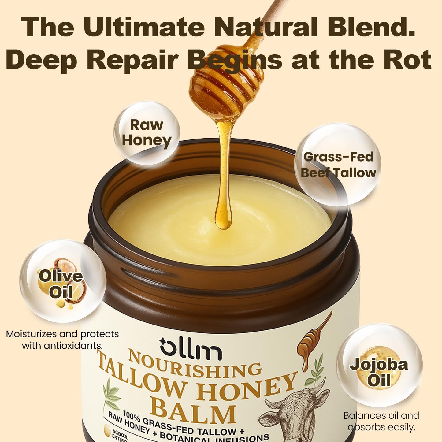 OLLM Beef Tallow for Skin: Grass Fed Tallow and Honey Balm With Raw Honey and Beeswax, Tallow Face Moisturizer Safe for Babies, Moms, and All Skin Types, Light Scent