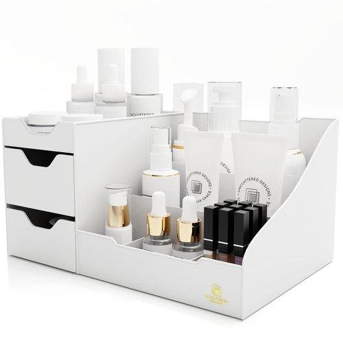 Uncluttered Designs Large Makeup Organizer for Vanity - Countertop Desk With Drawers for Cosmetic, Beauty, Hair, Nail, Perfume & Skincare - Perfect for Bathroom & Bedroom Storage (White)
