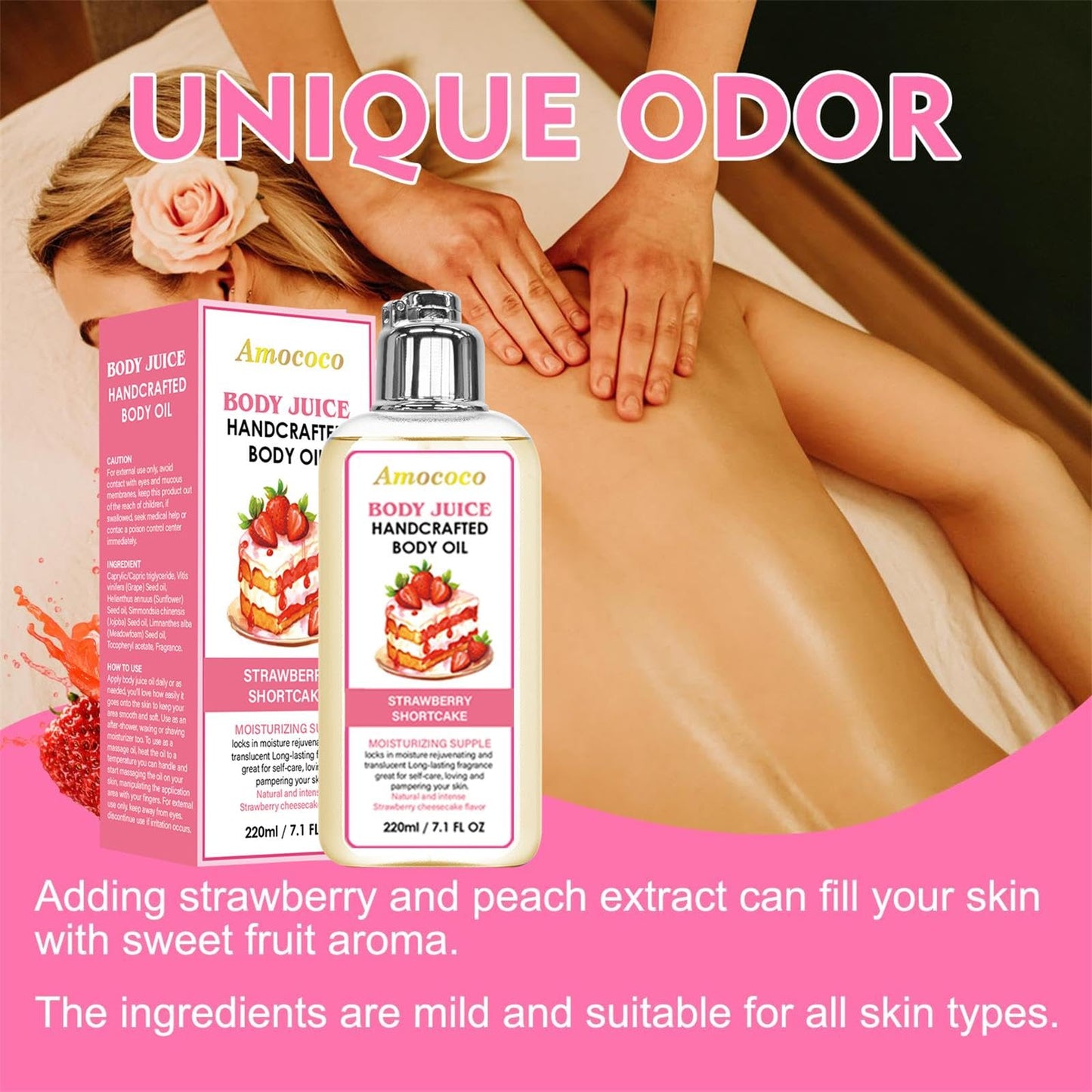 Amococo Strawberry Body Juice Oil, Moisturizing Dry Skin Care with Natural Oils, Lightweight Fast Absorbing Formula for Soft Smooth Skin, 7.1 Fl Oz