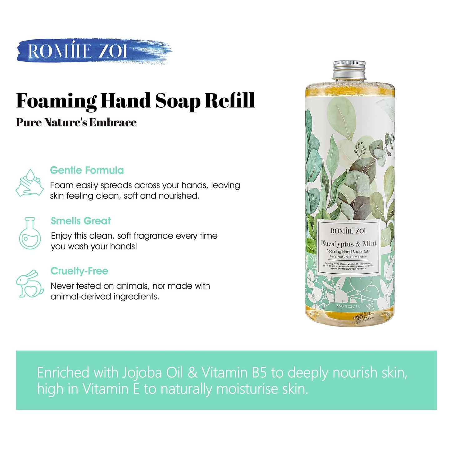 ROMIIE ZOI Foaming Hand Soap Refill, Eucalyptus & Mint, 1 L/33.8 FL OZ