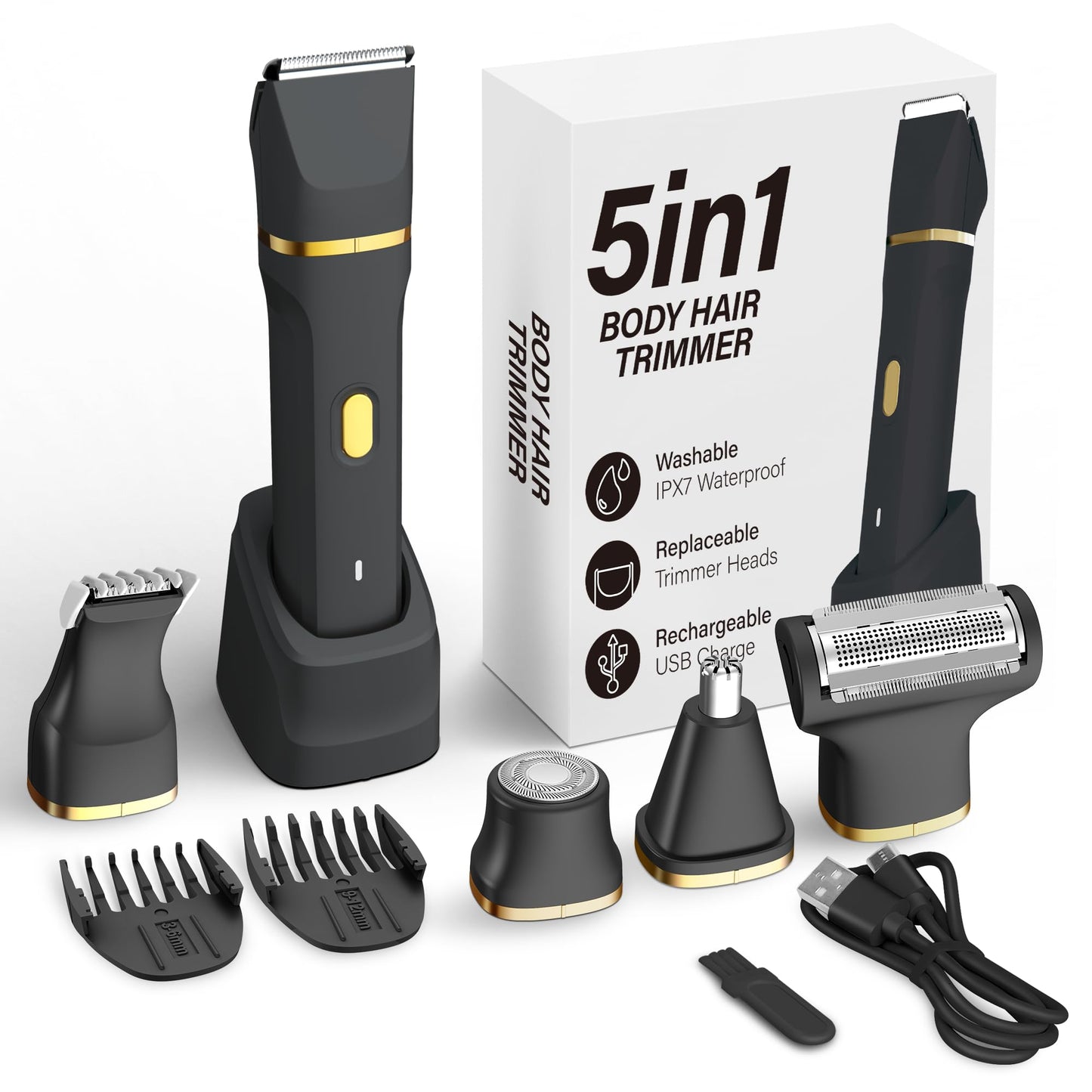 KINGTEE 5-in-1 Electric Bikini Trimmer for Women – IPX7 Waterproof Shaver, Cordless Body & Facial Razors for Women, Ceramic Blades, USB-C Rechargeable, Painless Hair Removal Kit (Black)