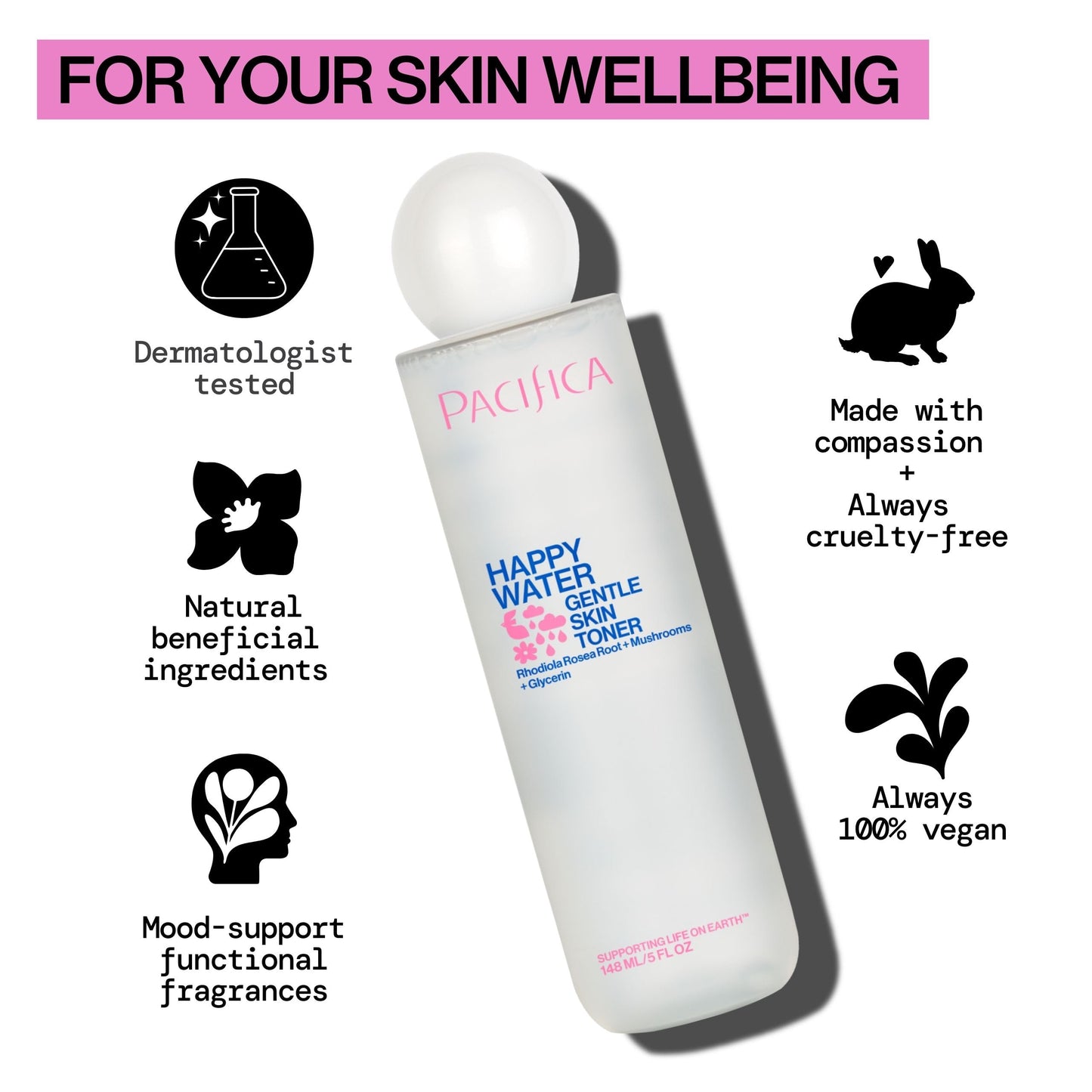 Pacifica Happy Water Hydrating Facial Toner – Vegan Ceramides, Hyaluronic Acid & Electrolytes, Refreshing & Calming for Balanced Skin, Clean Beauty, Vegan, Cruelty-Free, All Skin Types, 4 oz