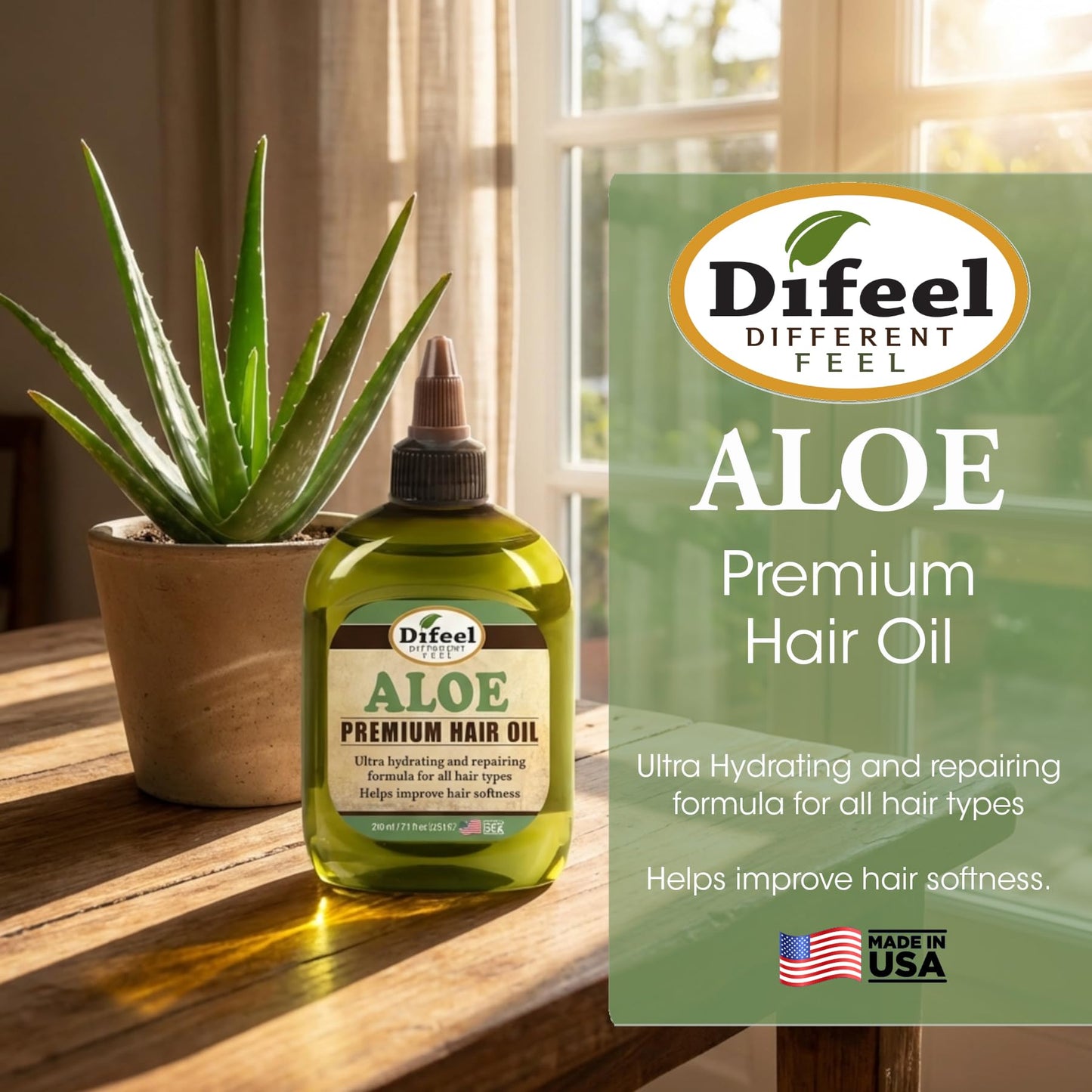 Difeel Aloe Premium Hair Oil 7.1 Ounces - Ultra Hydrating Aloe Vera Hair Oil for Natural Hair, Ideal for All Hair Types, Improves Softness, Smoothness & Shine