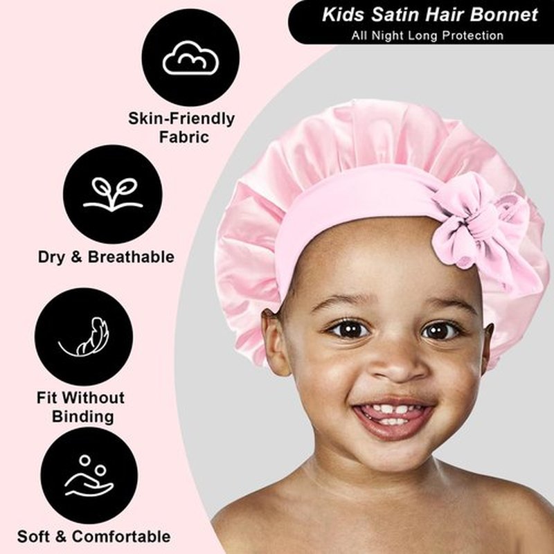 3 Pcs Kids Silk Bonnet for Sleeping - Baby Hair Bonnet for Sleeping,Kids Satin Bonnets for Girls with Adjustable Wide Elastic Band,Sleeping Cap for Teens Toddler Child Curly Hair(Pink+Purple+Yellow)