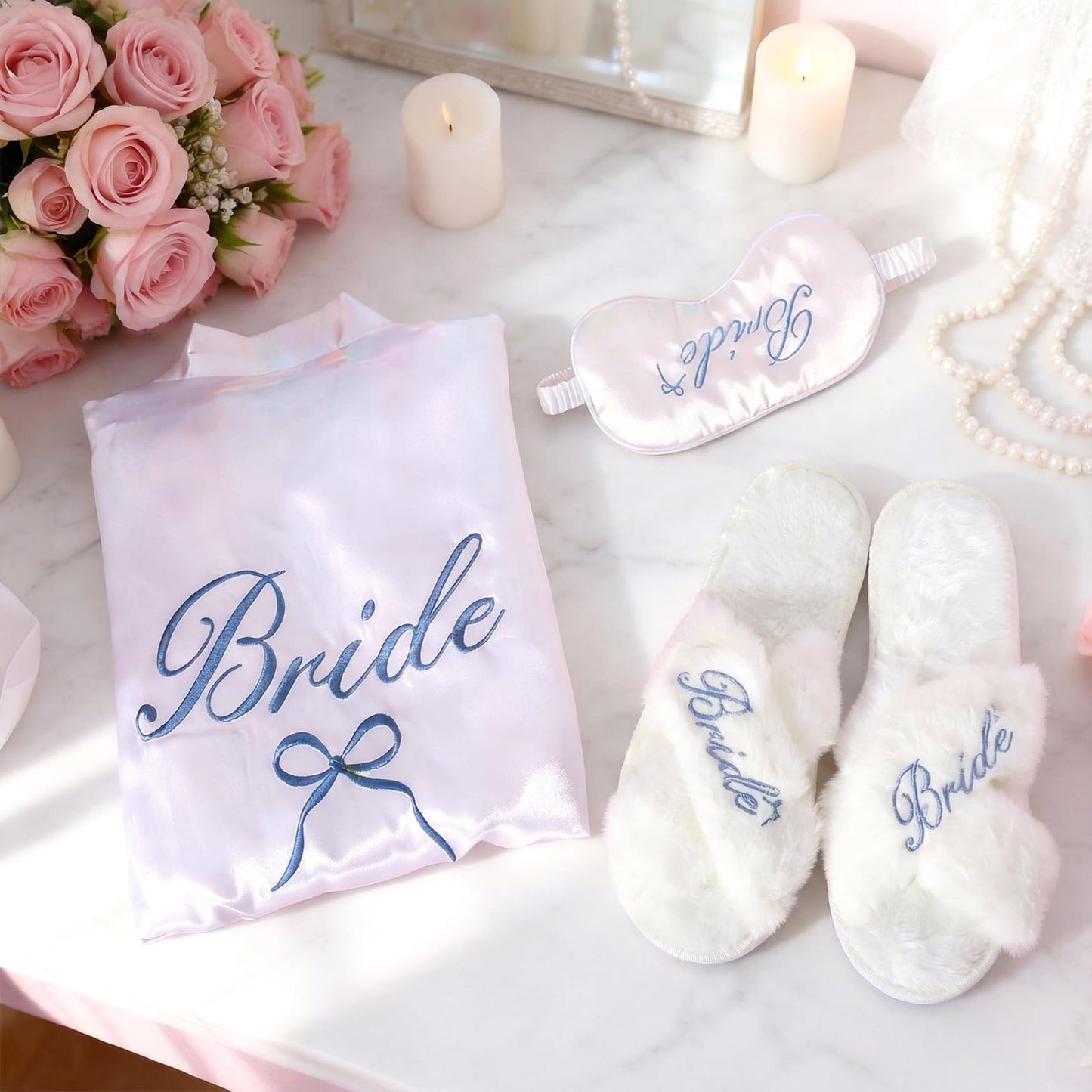 HTPARY Bride Robe Set Fuzzy Slippers Eye Mask White Satin Bridal Getting Ready Robe Wedding Day Bachelorette Party Bridal Shower