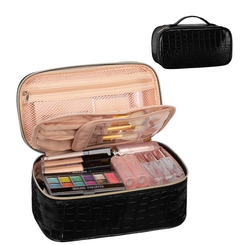 OCHEAL Small Cosmetic Bag,Portable Cute Travel Makeup Bag for Women and girls Makeup Brush Organizer cosmetics Pouch Bags-Black Leather