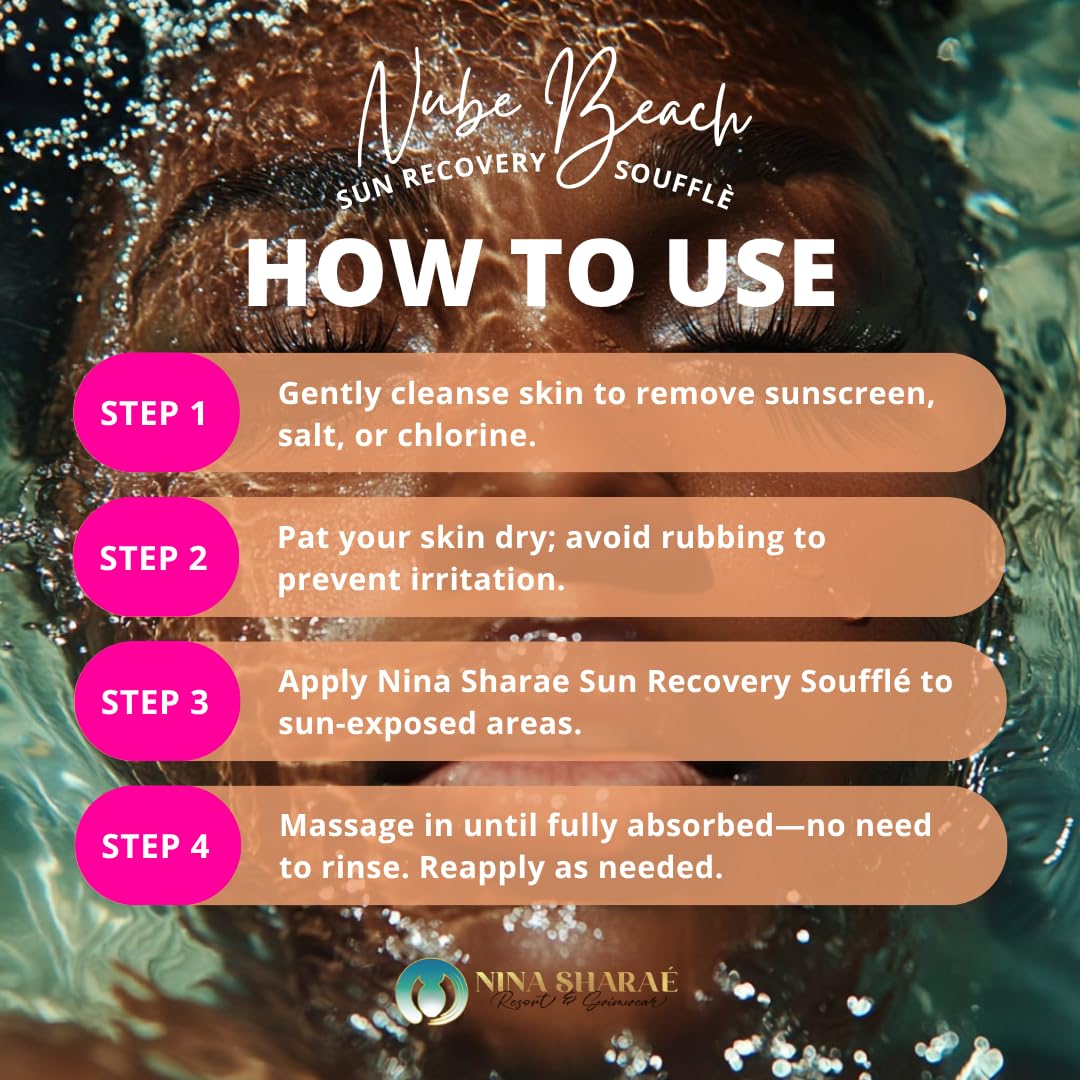 Nina Sharae Swimwear Nube Beach Sun Recovery Soufflé – After Sun Body Moisturizer with Aloe, Vitamin E & Coconut Oil – Soothing Hydration for Sun-Damaged Skin – Lightweight, Non-Greasy, 4 oz