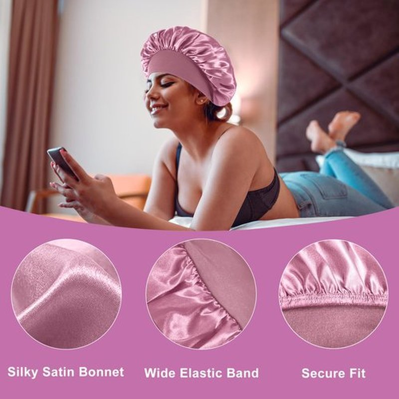 4PCS Silk Bonnet for Sleeping,Hair Wrap Satin Bonnets Shower Cap for Black Women Men, Elastic Wide Band Hair Bonnet Cap for Sleeping Curly Hair(Black & Bean Paste Pink & Purple & Brown)