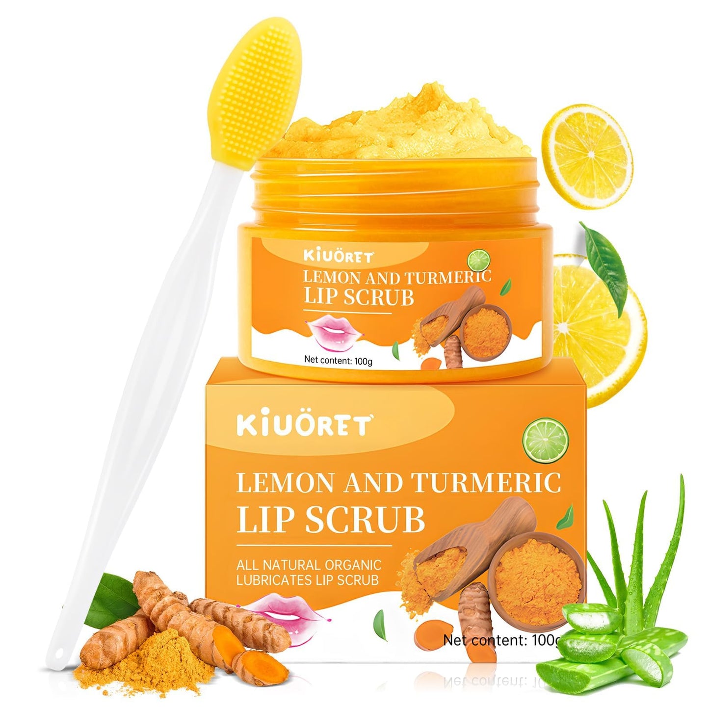 Lemon Turmeric Lip Scrub with Brush Set - lip Scrubber Exfoliator for Dark, Dry, Chapped LiPs, Reduce Fine Lines - Hydrating Moisturizing Lip Care for Instantly Smooth, Soft Lips