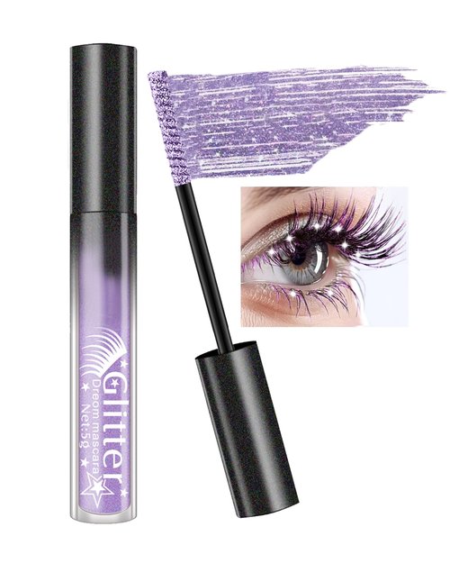 Purple Glitter Mascara, Sparkle Diamond Colored Mascara, Multi-Use Shimmer Waterproof Mascara, Define Long Lasting Curling Eyelashes, Voluminous Lengthening Mascara Makeup for Women Party Festival-03