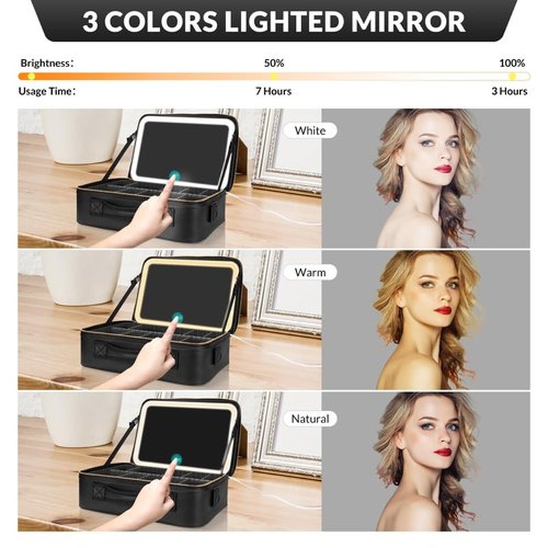 14.6”X 10.3”Large Makeup Case Black with Lighted Up Mirror, Professional Travel Vanity Cosmetic Train Bag with LED Light, 3 Colors Light and Adjustable Brightness Makeup Case for Women Girls (Black)