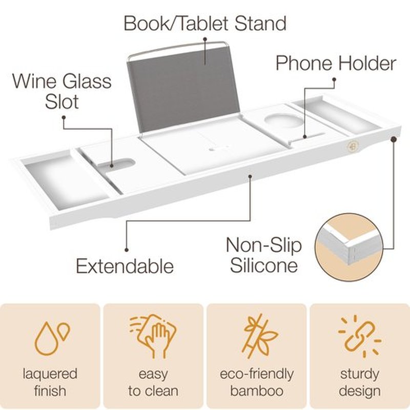 Foldable Bathtub Tray - Expandable Bamboo Bath Caddy with Wine, Book & Tablet Holder - Luxurious Bath Accessories, Perfect Spa Experience, Unique Gifts for Mom, Women, Couples, Housewarming (White)