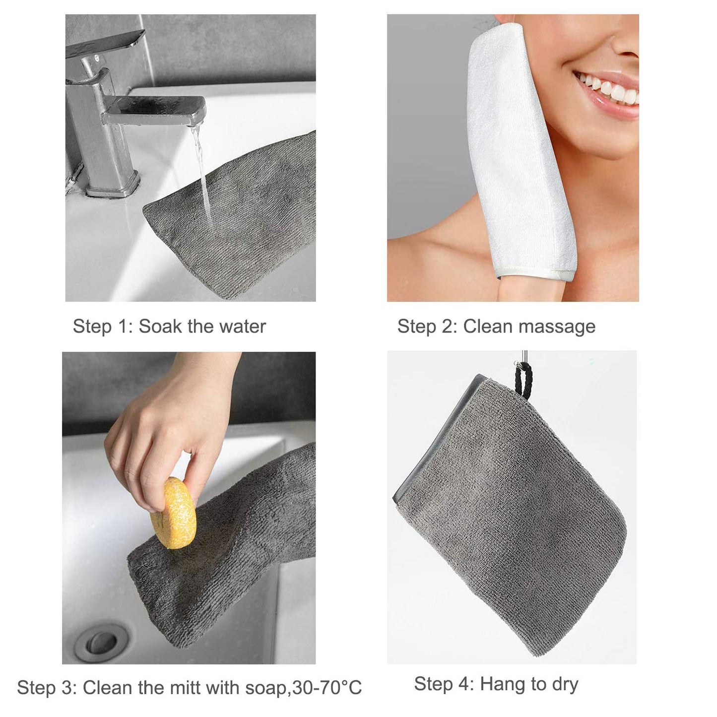 PHOGARY 10Pack Microfiber Wash Mitts, Soft Face Mittens, Reusable Remover, 6×8in, White, Grey