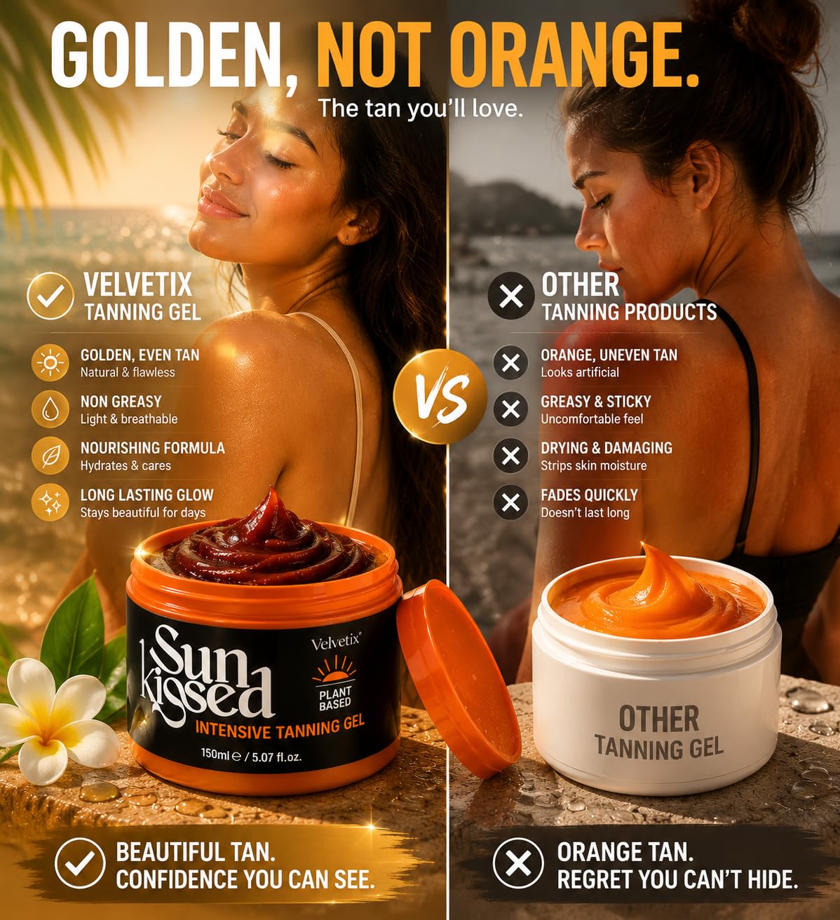 Velvetix Intensive Tanning Gel for Outdoor Sun, Fast Tanning Accelerator with Carrot Oil & Coconut Oil, Quick-Dry & Non-Greasy Sun Tanning Butter, Streak-Free Natural Bronze Glow, Vegan, 5 oz