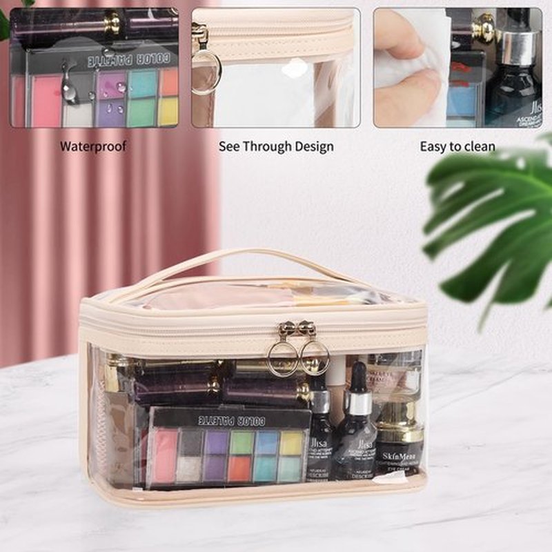 OCHEAL Makeup Bag, Clear Makeup Organizer Bag Portable Cosmetic Bag, Cute Transparent Makeup Case For Women and Girls traveling Storage with zipper Divider Brush Compartment-Clear Beige white