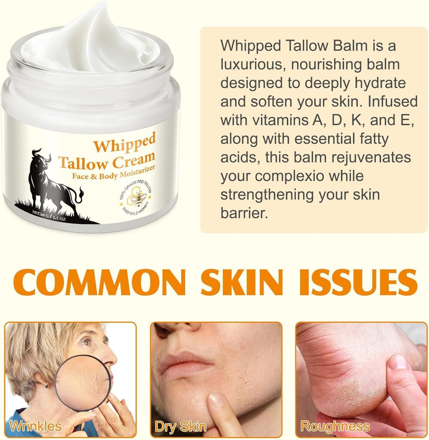 Cebo de Res para la Cara Original, Sebo de Res para la Cara, Bálsamo de Sebo de Vacuno Ecológico Alimentado Con Pasto para Una Piel Tersa Hidratante Totalmente Natural, 2.1oz/60g