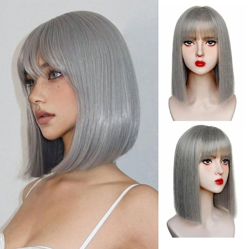 Gray Bob Wig with Bangs Short Gray Straight Wig for Women Heat Resistant Synthetic Natural Hair Wig Colorful Bob Wigs for Grils Daily Party Halloween Cosplay Use 13inch