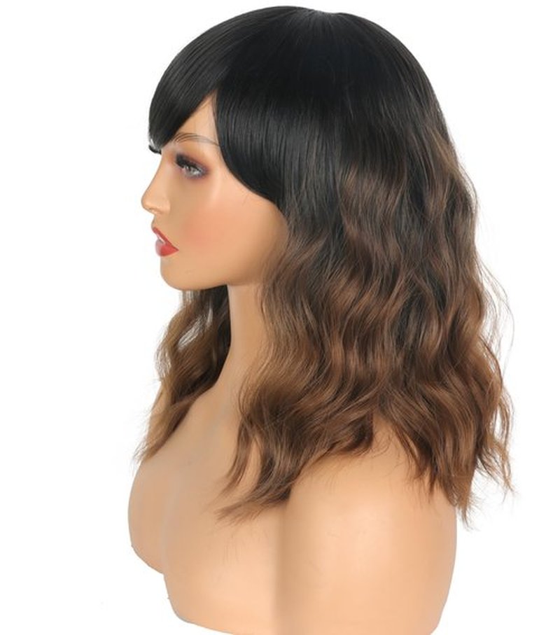 SYMEIW Short Wavy Wig with Bangs for Women Shoulder Length Brown Synthetic Wigs Natural Wavy Black To Brown Wigs Heat Resistant for Daily Party Use