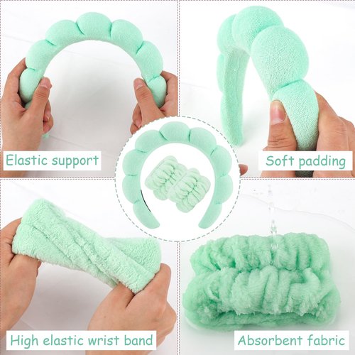Zkptops Spa Headband for Washing Face Wristband Set Sponge Makeup Skincare Terry Cloth Bubble Soft Get Ready Hairband for Women Girl Puffy Padded Headwear Non Slip Thick Hair Accessory(Light Green)