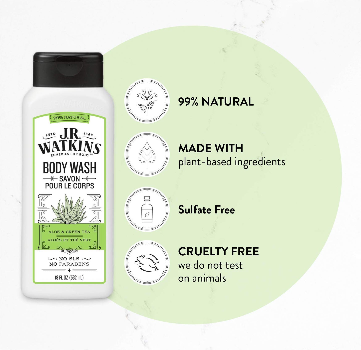 JR Watkins Natural Daily Moisturizing Body Wash, Aloe and Green Tea, 6 Pack, Hydrating Shower Gel for Men and Women, Free of SLS and Cruelty Free, 18 fl oz