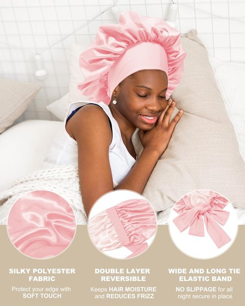 Satin Bonnet for Women Silk Bonnets for Sleeping Curly Hair Bonnet with Elastic Tie Band Reversible Double Layer Sleep Cap Hair Wrap (Pink)