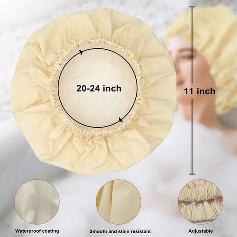 Reusable Shower Cap for Women, Large Waterproof Shower Bonnet Washable Elastic Band Bath Hair Hat for Long Hair, Braids(Champagne)