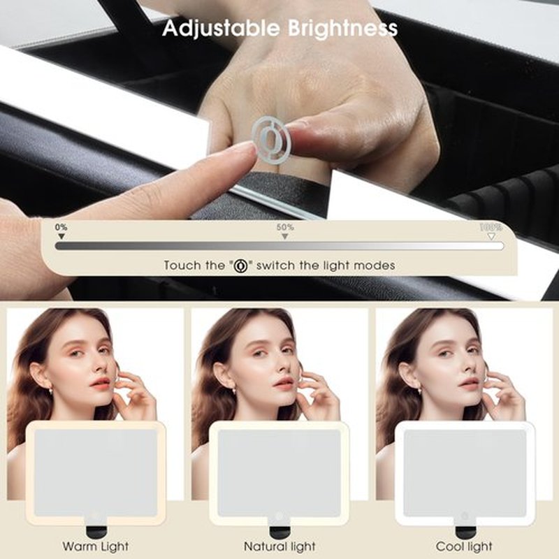 Faquenc Leather Makeup Case with LED Lighted Mirror 11.4 Inch Travel Makeup Bag Adjustable Brightness in 3 Colors Cosmetic Organizer Artist Storage Bag with Dividers Brush Holder Bag Present Box White