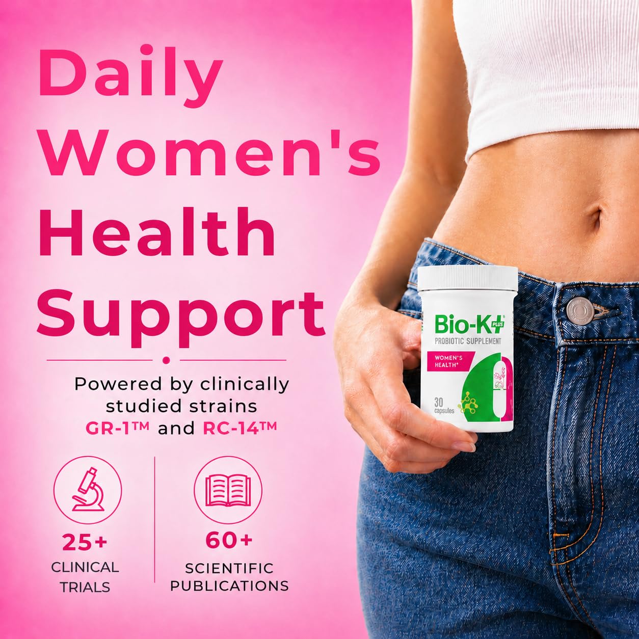 Bio-K+ Probiotic for Women support for Vaginal & Urinary Tract Health, Probiotic Supplement with 2 Billion CFU 2 Strains, Vegan, Shelf-Stable – 30 Capsules