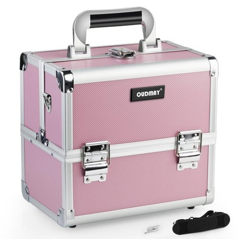 OUDMAY Makeup Case - Professional Portable Aluminum Cosmetics Storage Box With Locks and 2-Deck Folding Trays Pink Diamond