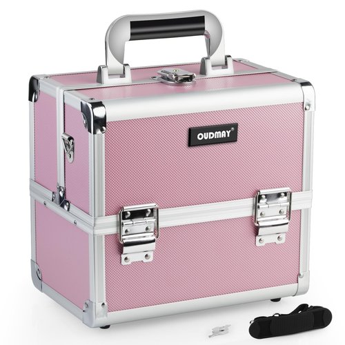 OUDMAY Makeup Case - Professional Portable Aluminum Cosmetics Storage Box With Locks and 2-Deck Folding Trays Pink Diamond