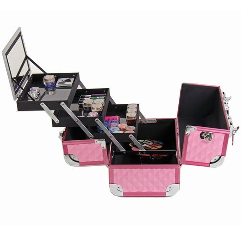 SHANY Premier Fantasy Professional Makeup Train Case Cosmetic Box Portable Makeup Case Organizer Jewelry storage with Locks, 3 Trays, Makeup Brush Holder and Cosmetics Mirror - Pink Diamond