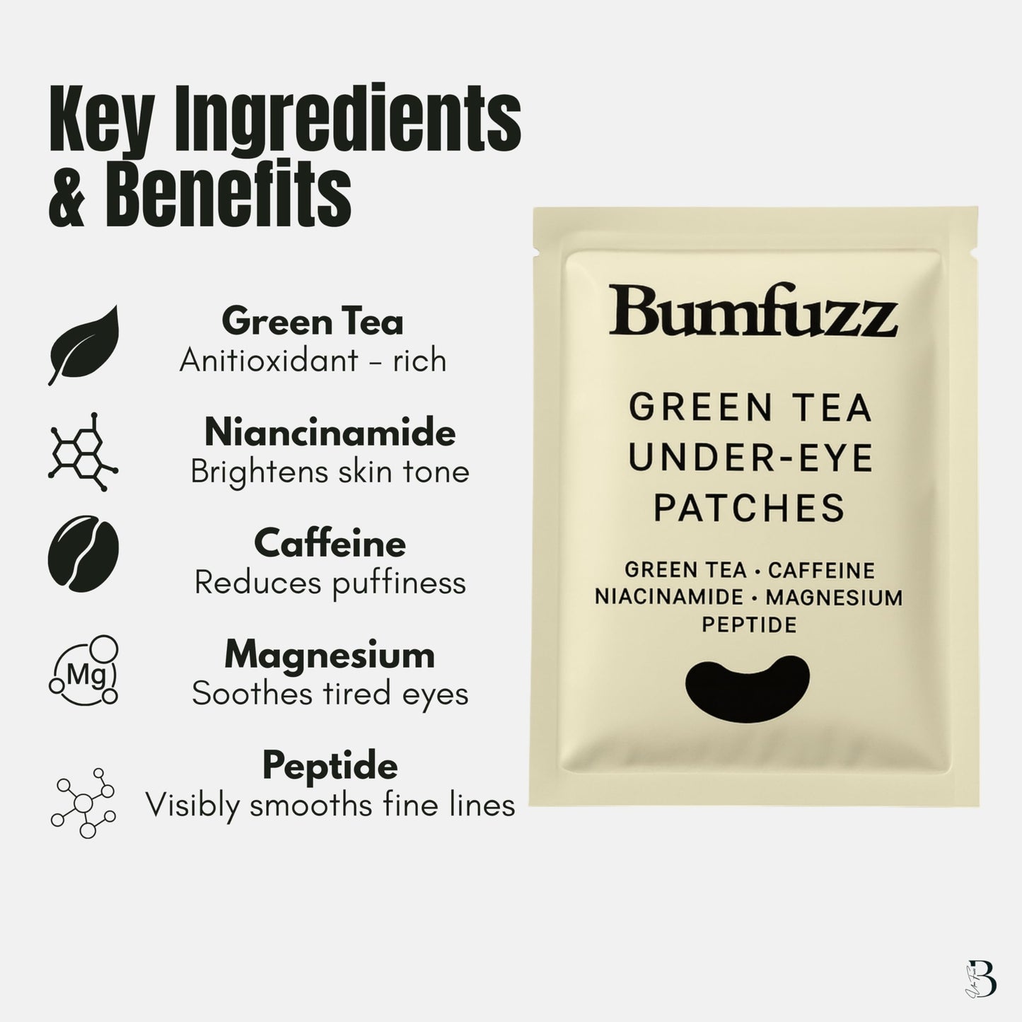 Bumfuzz Green Tea Under-Eye Patches (12 Pairs) | Depuff & Brighten Eye Gel Patches for Dark Circles & Tired Eyes | Plant-Based, Vegan with Caffeine, Niacinamide, Magnesium & Vegetable Peptides