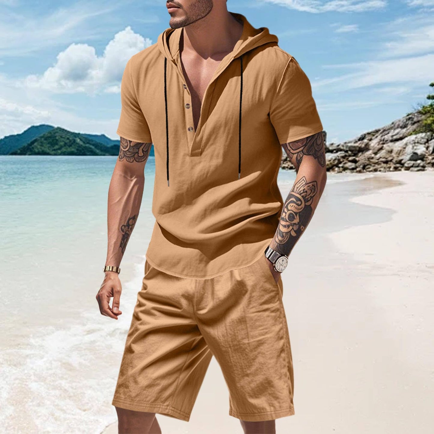 Zaswen Mens Summer 2 Piece Drawstring Short Sleeve Hoodies and Casual Shorts Set Solid Color Loose Fit Vacation Set 2025 Color01 XL