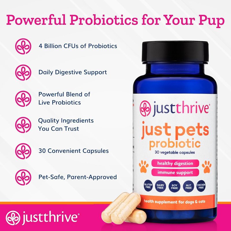 Just Pets Probiotic - Daily Digestive Probiotics for Dogs & Cats | 30 Capsules with 4 Billion CFUs