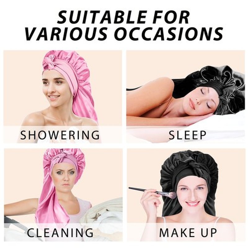 2Pcs Bonnets for Black Women Braid Bonnet, Large Long Satin Bonnet for Braids, Silk Bonnet with Stretchy Tie Band Sleep Cap Hair (2Pcs-Black&Pink)