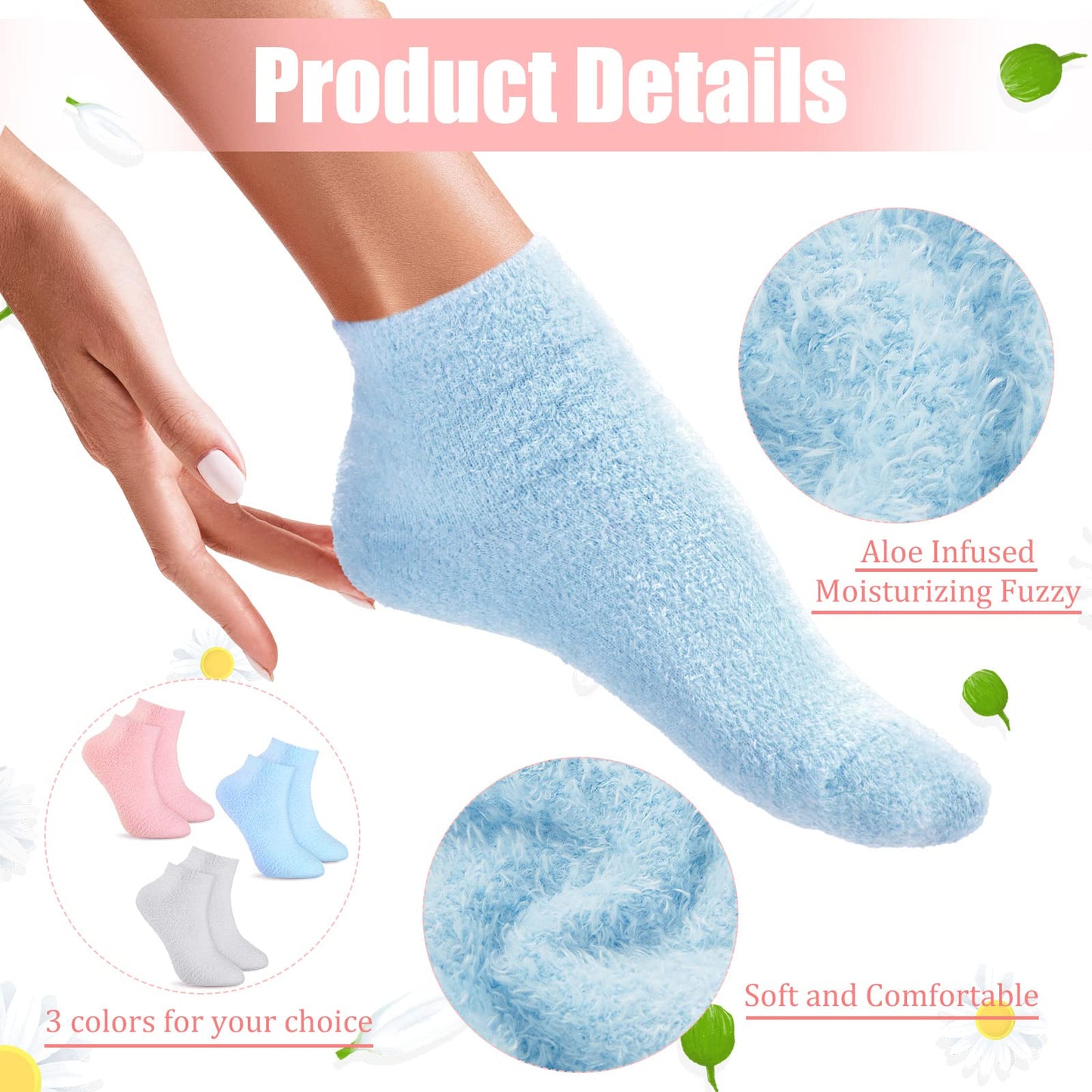 Janmercy 3 Pairs Aloe Socks Moisturizing Spa Infused Gel Sleeping Fuzzy Dry Feet Non Slip Lotion Socks for Women Men Repairing Softening Dry Cracked(Pink, Blue, Gray)