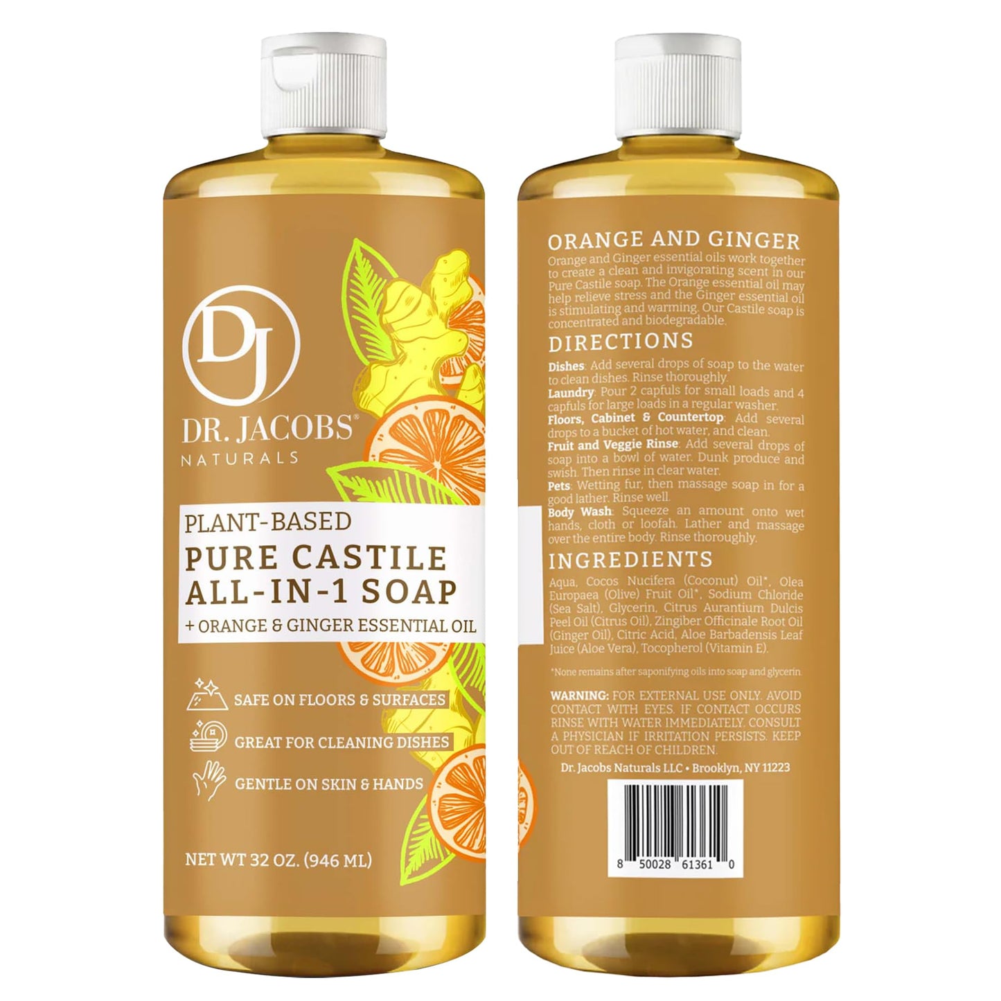 Dr. Jacobs Naturals Orange & Ginger Castile All-In-One Cleaner and Soap - Plant-Based Formula for House Cleaning Floors and Appliances - Gentle on Skin and the Planet - 32 oz, 1 Pack