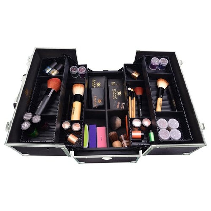 SHANY Essential Pro Makeup Train Case Cosmetic Box Portable Makeup Case Cosmetics Beauty Organizer Jewelry storage with Locks, Multi Compartments Makeup Box and Shoulder Strap - Jet black