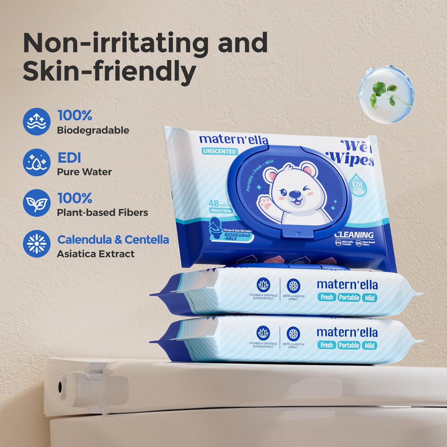 MATERN'ELLA Butt Wipes, Corner-Connected Design Calendula & Centella Asiatica Extract & Flushable Wipe, Fragrance free & Extra Large, Septic and Sewer Safe, Total 308 Wipes