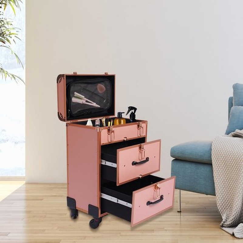Rolling Makeup Case,Large Cosmetic Trolley with Locks, Professional Rolling Makeup Trolley with with dividers,Large Storage Cosmetic Trolley for Make-Up Artists Nail Technicians Beauticians (Gold)