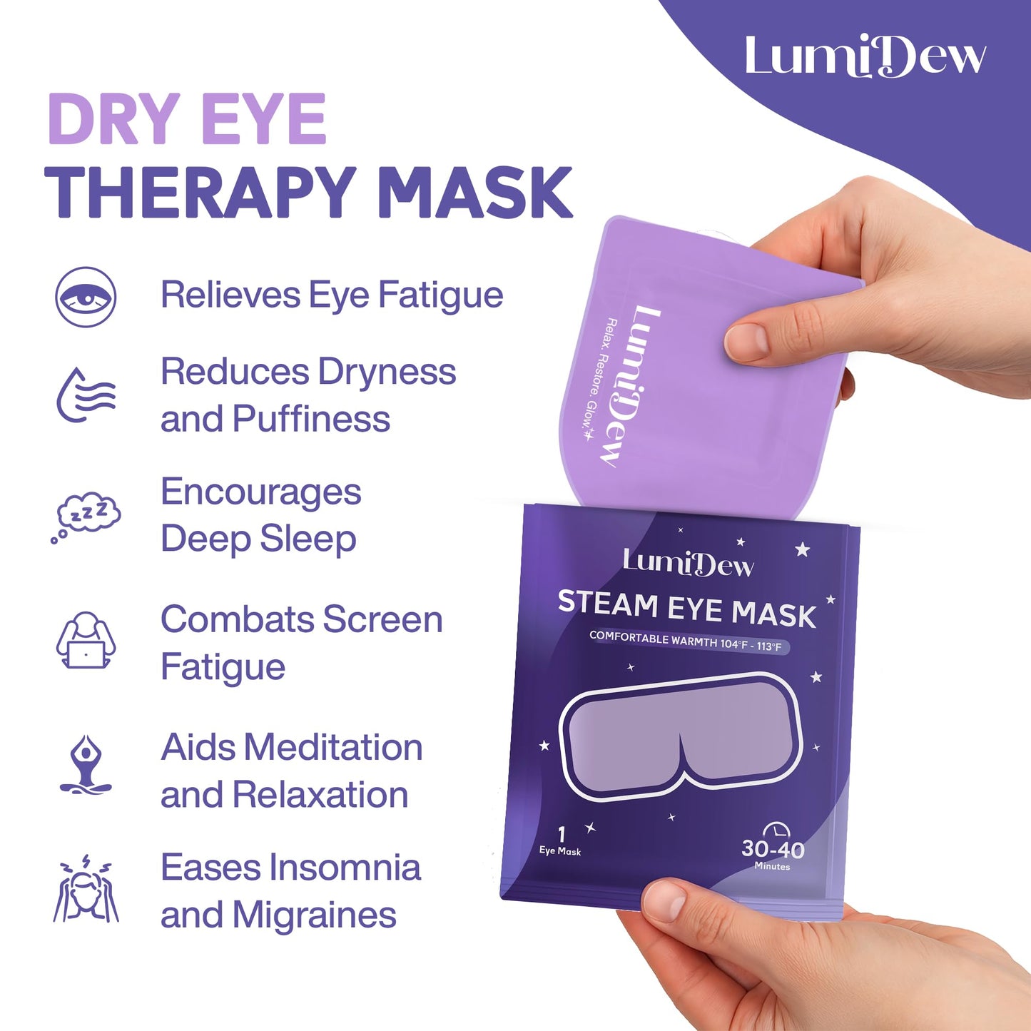 LumiDew Steam Eye Mask, Self Heating Heated Eye Mask for Sleep, Warm Compress for Eyes, Moist Heat for Dry Eye Relief, Stye Eye Treatment, Spa, Travel Essentials, Unscented 16 Pack