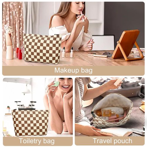 Wudimeitt Cosmetic bag Makeup bag Preppy Cute Corduroy Toiletry bag for women travel essentials (Plaid khaki)