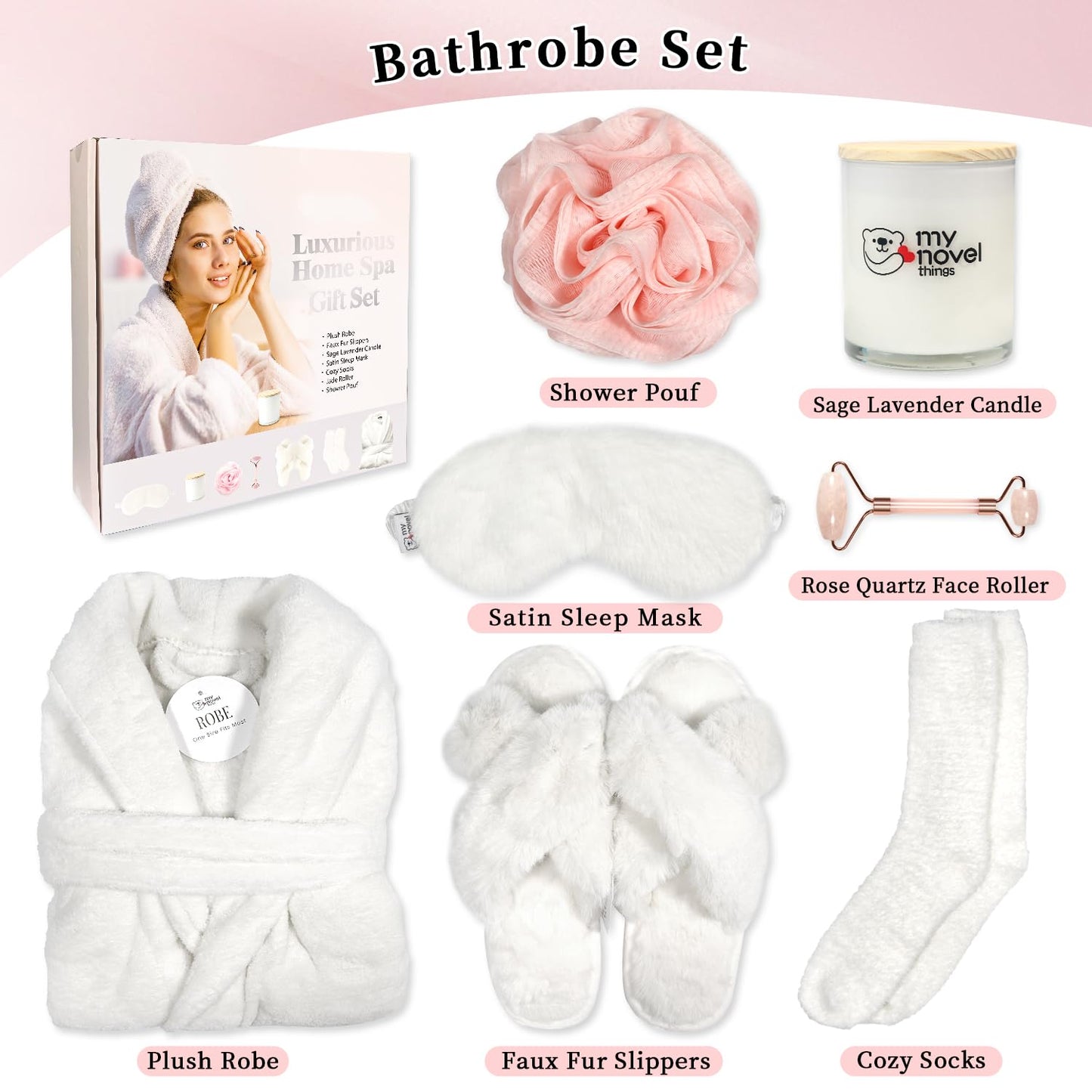 my novel things Birthday Gifts for Women, Bathrobe Set, Spa Robe and Slippers set with Scented Candle Self Care 7 Pack for Christmas Thanksgiven Valentine's Day Gift Unique for Her Mother Mom Girl