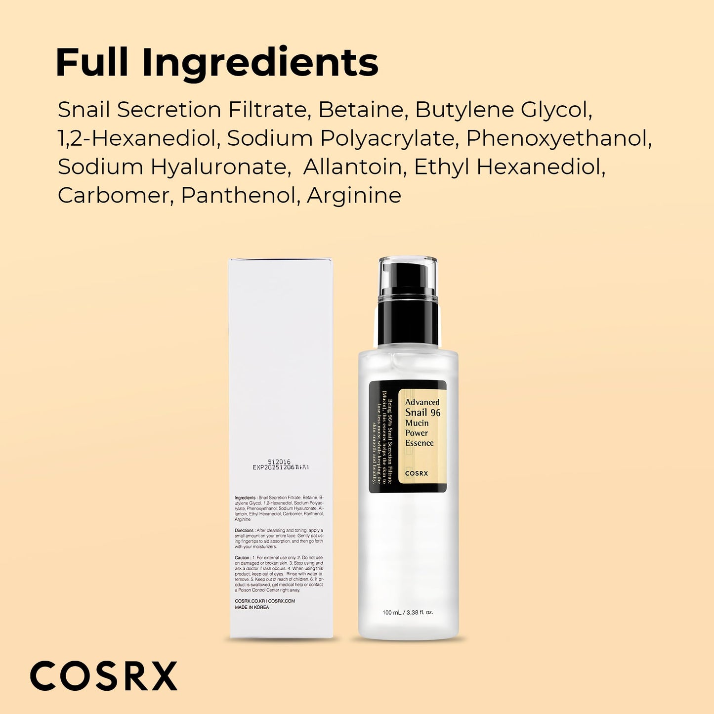 COSRX Snail Mucin 96% Repairing Serum, Hydrating Serum for Face with Snail Secretion Filtrate for Dull Skin & Fine Lines, 100ml, Korean Skin Care