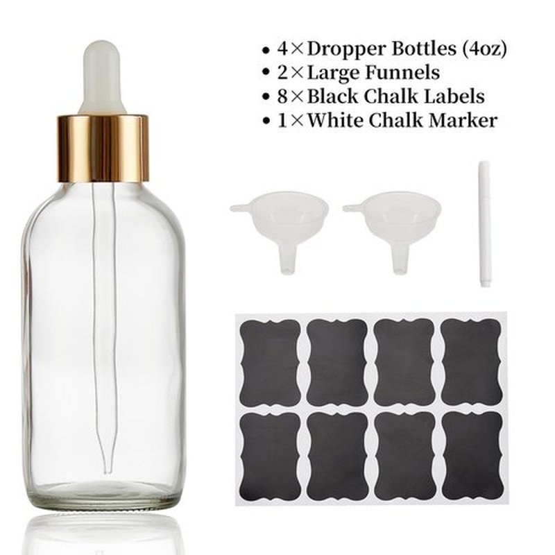 Bastelica Clear Glass Dropper Bottle 4 oz, Tincture Bottles with Dropper, Golden Cap Essential Oils Bottles for Health, Personal Care & Beauty - 4 Pack