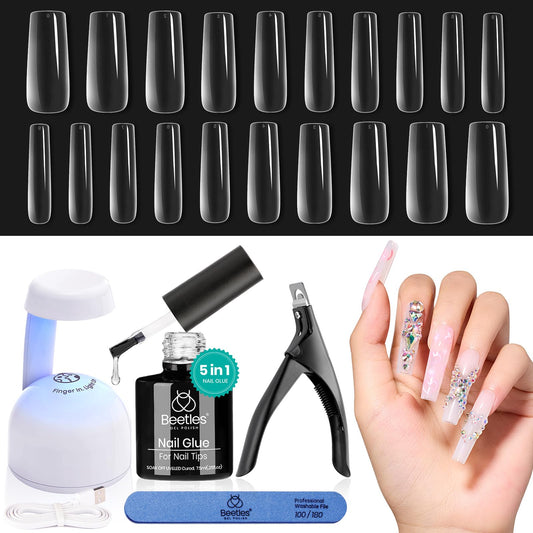 Beetles Gel Nail Kit Easy Extension Set, Long Square Pre Shaped 240 Pcs Clear False Acrylic Nails Tips with 5 In 1 Nail Glue Innovative UV Led Lamp DIY Manicure Salon at Home