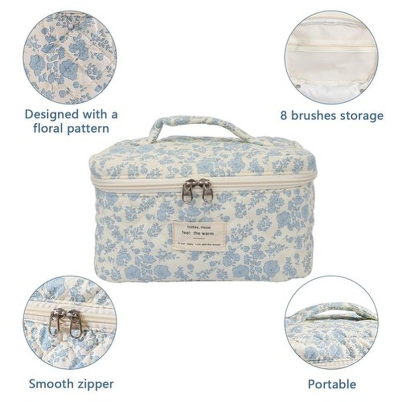 Large Travel Quilted Makeup Bag for Women,Big Floral Cotton Cosmetic Bag, Cute Coquette Aesthetic Floral Toiletry Organizer Bag (Pink pattern)